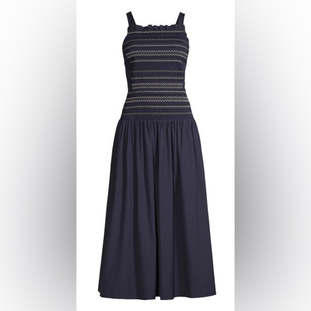 Jason Wu Smocked Drop Waist Midi Dress Navy Blue sz 14 - Picture 11 of 11